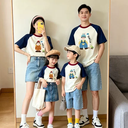 潮范韩版亲子装不撞衫夏纯棉短袖高级感母女装t恤全家装度假拍照