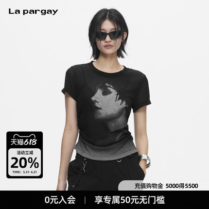 Lapargay 复古艺术人像印花 修身收腰 圆领短袖 T 恤 L78200201V