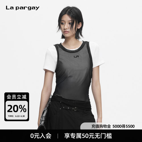Lapargay网纱微透修身褶皱T恤