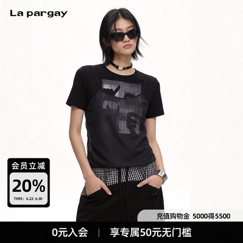 Lapargay修身网纱拼接假两件T恤