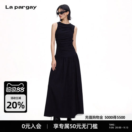 Lapargay无袖褶皱收腰小黑长裙