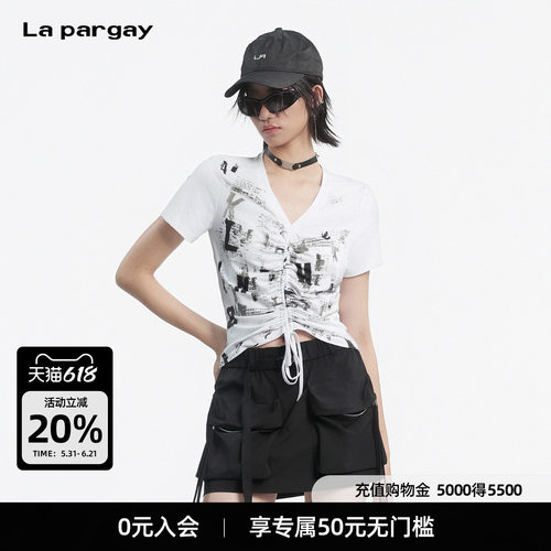 Lapargay涂鸦抽绳露腰短款T恤