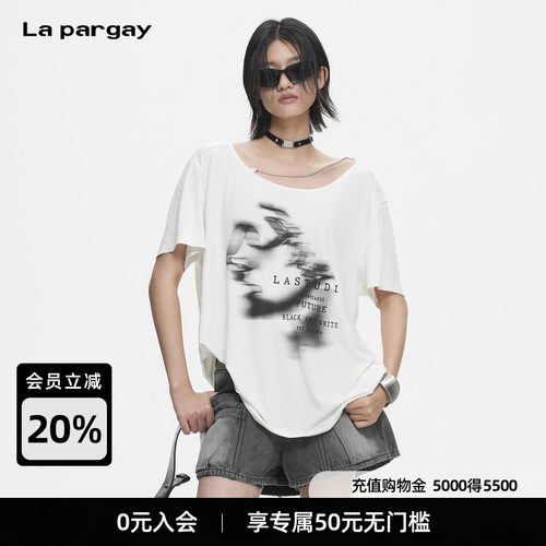 Lapargay慵懒斜肩链条人像T恤