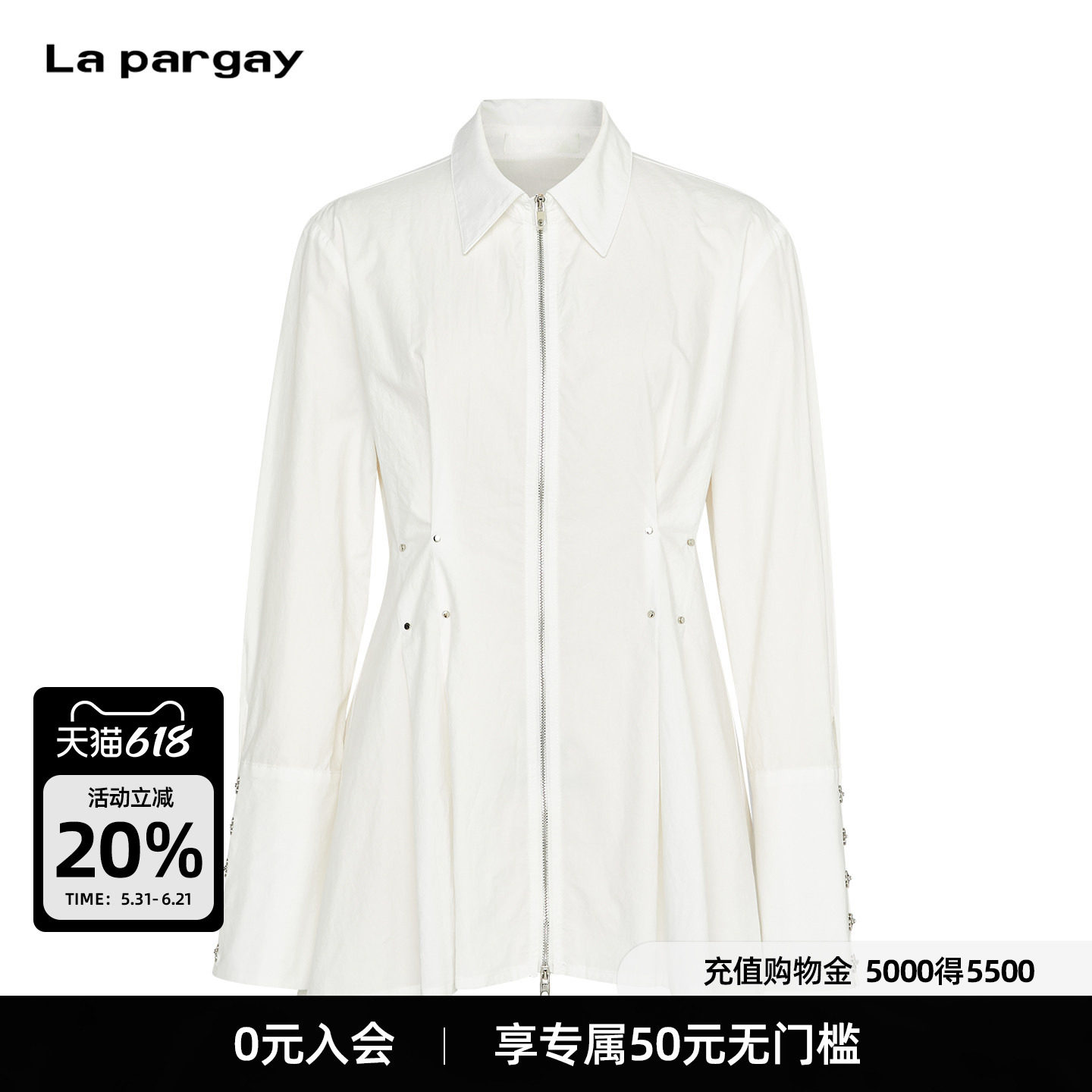 Lapargay 收腰剪裁 金属饰扣 拉链门襟 白衬衫式上衣 L75301004V