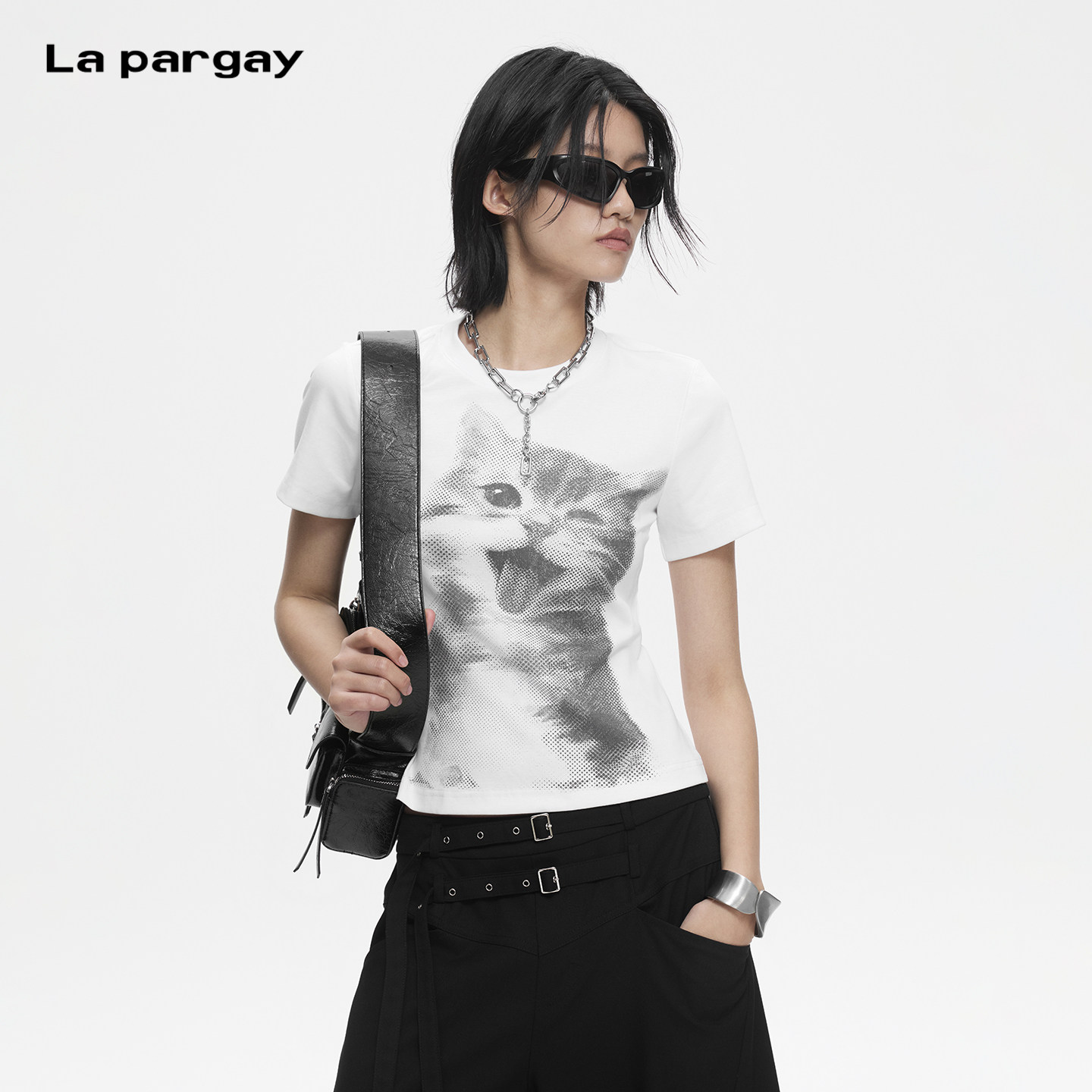 Lapargay 半色调网纹图案T恤 柔软针织 修身短款 L78200208V