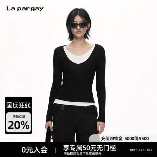 Lapargay假两件撞色V领针织衫