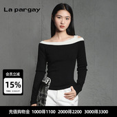 露肩撞色针织衫 修身 2026春季 女式 显瘦打底上衣 新款 纳帕佳套头长袖