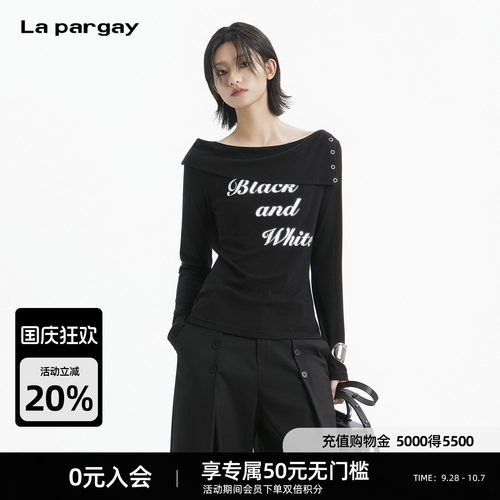 Lapargay斜肩字母印花长袖T恤