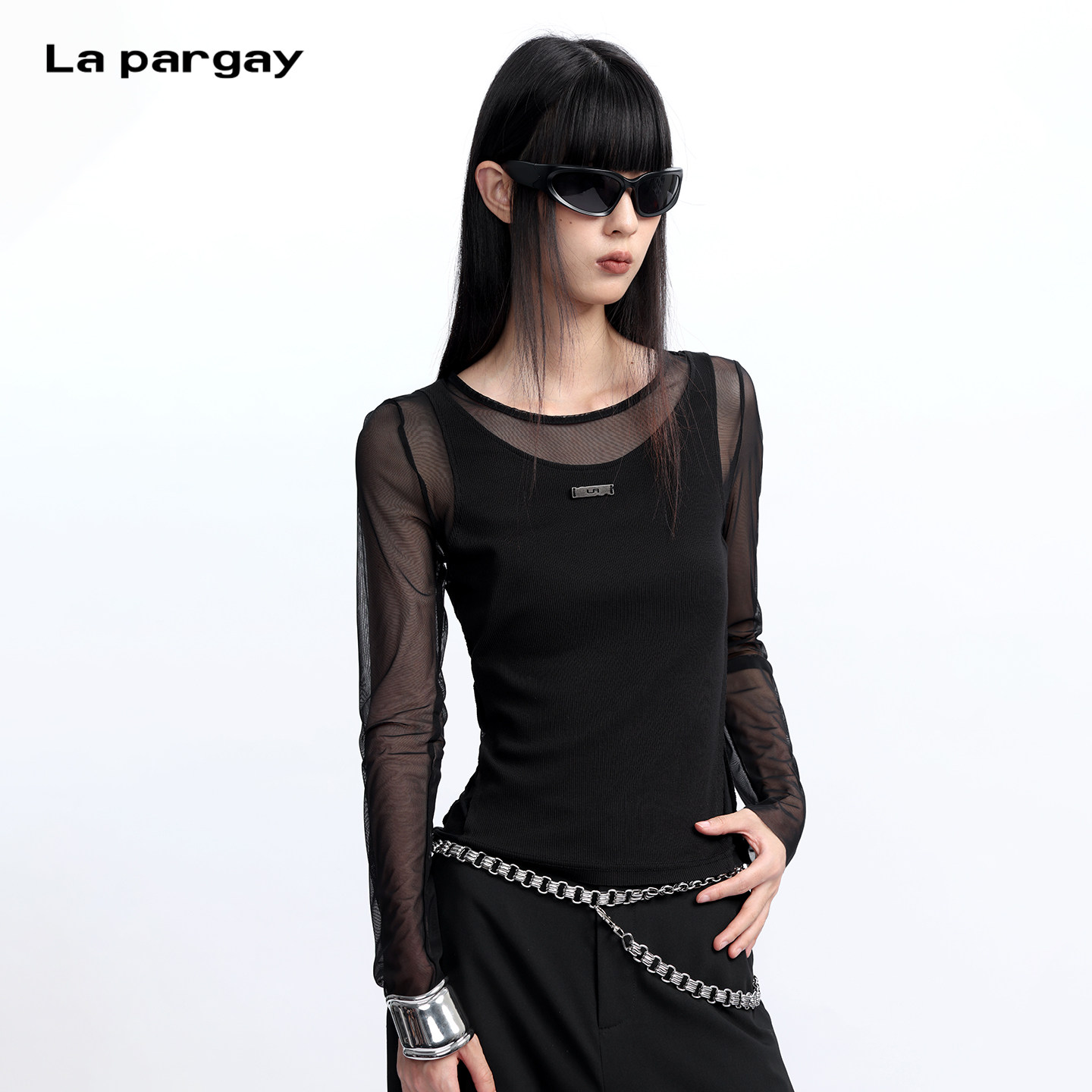 Lapargay 网纱拼接假两件长袖T恤 修身收腰微透打底衫 L75300303C