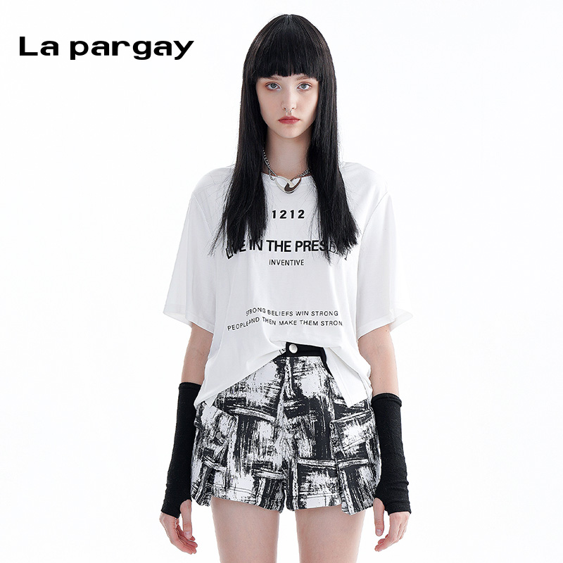 La pargay纳帕佳2025年夏季宽松白色短袖上衣潮搭字母印花圆领T恤