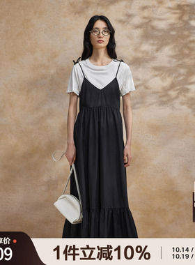 播黑色吊带连衣裙女商场同款2024夏新款v领沙滩长裙BDR2LD1202