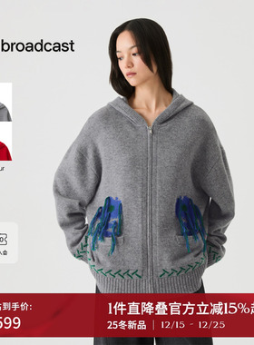 播流苏连帽拉链宽松针织开衫女25冬季新款100%羊毛衫DDS4UD5270