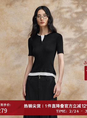 播假两件针织t恤女商场同款夏法式修身可露丽短袖上衣BDR2SD1609