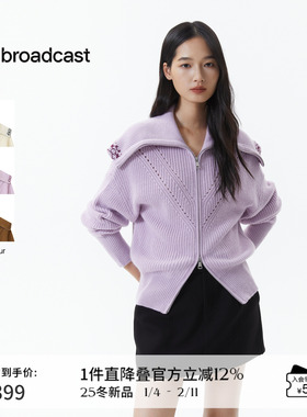 播紫色镂空设计羊毛拉链针织开衫女冬季软糯上衣DDS4UD5141