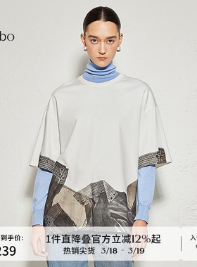 播 bo 商场同款圆领印花T恤女24秋款时尚宽松短袖BDR3YD2122