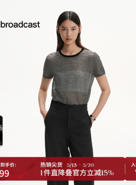 播黑白条纹航海圆领短袖针织衫女夏宽松亚麻罩衫DDS2SD5107