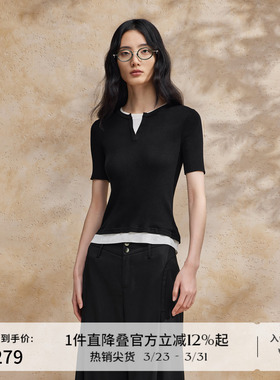 播假两件针织t恤女商场同款夏法式修身可露丽短袖上衣BDR2SD1609