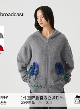 播流苏连帽拉链宽松针织开衫女冬季100%羊毛衫DDS4UD5270