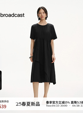 播圆领通勤风黑色短袖连衣裙女25夏季新款不规则长裙DDS2LD5015