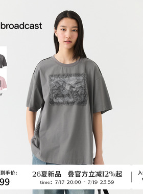 播26夏新品短袖T恤女慵懒落肩袖宽松上衣DDT2YD5654