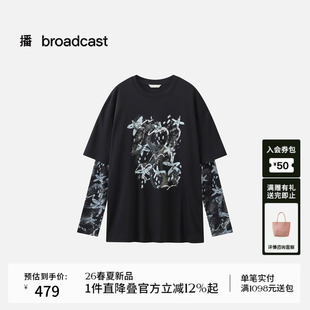 播假两件宽松长袖 休闲印花上衣DDT1YD55051 T恤女26春夏新款