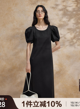 播黑色绑带泡泡袖连衣裙女商场同款夏季新款气质长裙BDR2LD0712