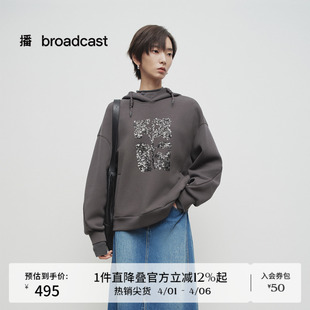 新款 休闲宽松上衣BDS1VD1564 亮片绣连帽领卫衣女春季 播商场同款