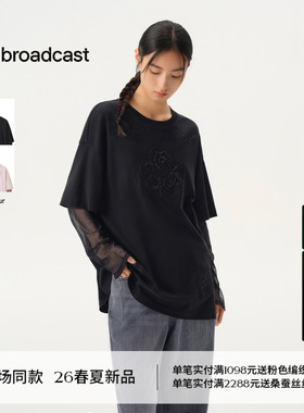 播商场同款镂空印花拼接袖T恤女26春新款宽松休闲上衣BDT1YD1232