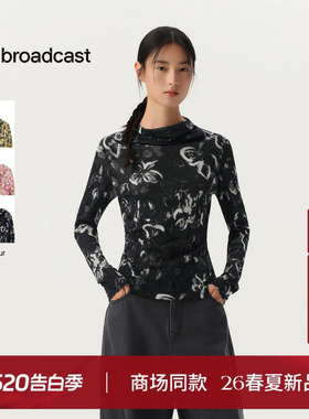 播商场同款云丝柔雾纱长袖T恤女26春季新品堆领打底衫BDT1YD1234
