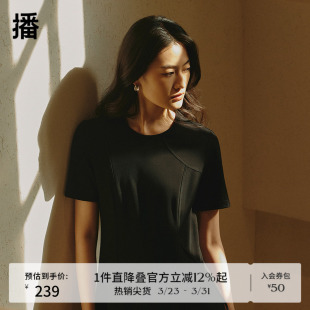 收腰淡人简约长裙BDR2LD0688 夏季 播黑色气质短袖 连衣裙女商场同款