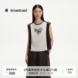 新款 播商场同款 T恤女夏季 轻薄圆领无袖 撞色上衣BDS2YD2529 美式