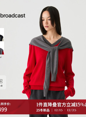 播复古撞色可拆披肩100%羊毛针织衫女25冬季新款毛衣DDS4SD5146