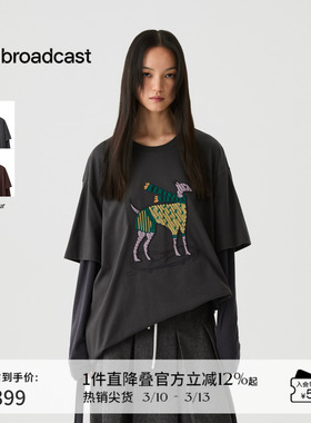 播假两件圆领刺绣T恤女冬季松弛慵懒宽松上衣DDS4YD5140