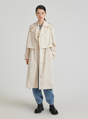 播2022春季新款气质西装翻领两件套配腰带可脱卸风衣女DDP1FD4131