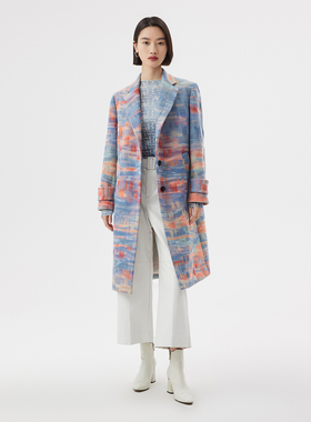 播2023春秋显瘦修身款抽象印花图案针刺晕染毛呢大衣女BDQ1AD0402