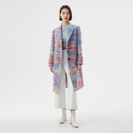 播2023春秋显瘦修身款抽象印花图案针刺晕染毛呢大衣女BDQ1AD0402