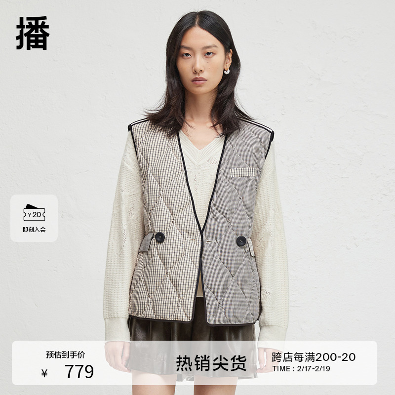播商场同款不对称黑白格拼接设计24秋新蓬松羽绒马夹女BDR3MD3213