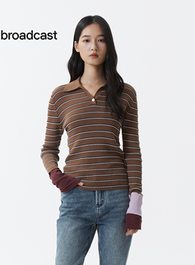 播条纹休闲polo领针织衫女秋季气质拼接毛衣DDS4SD5187