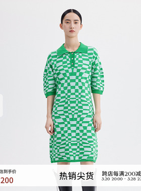 播夏季新款polo领棋盘格图案针织连衣裙女DDQ2LD52098