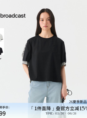 播复古灯笼袖拼接T恤女26夏季新款宽松格纹短袖上衣DDT2HD5641