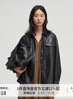 播黑色复古皮质衬衫女冬季宽松酷飒机车服外套DDR4CD5084