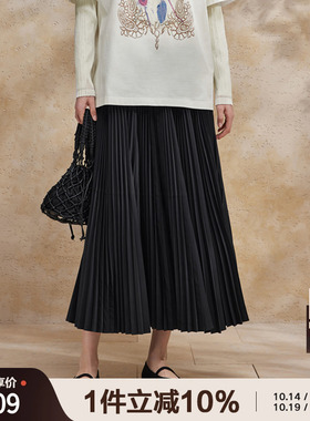 播黑色百褶裙女商场同款气质通勤中长款高腰显瘦半身裙BDR2BD1545