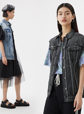 播2023春夏显瘦修身休闲单排扣口袋装饰翻领牛仔马甲女DDQ2MD5117