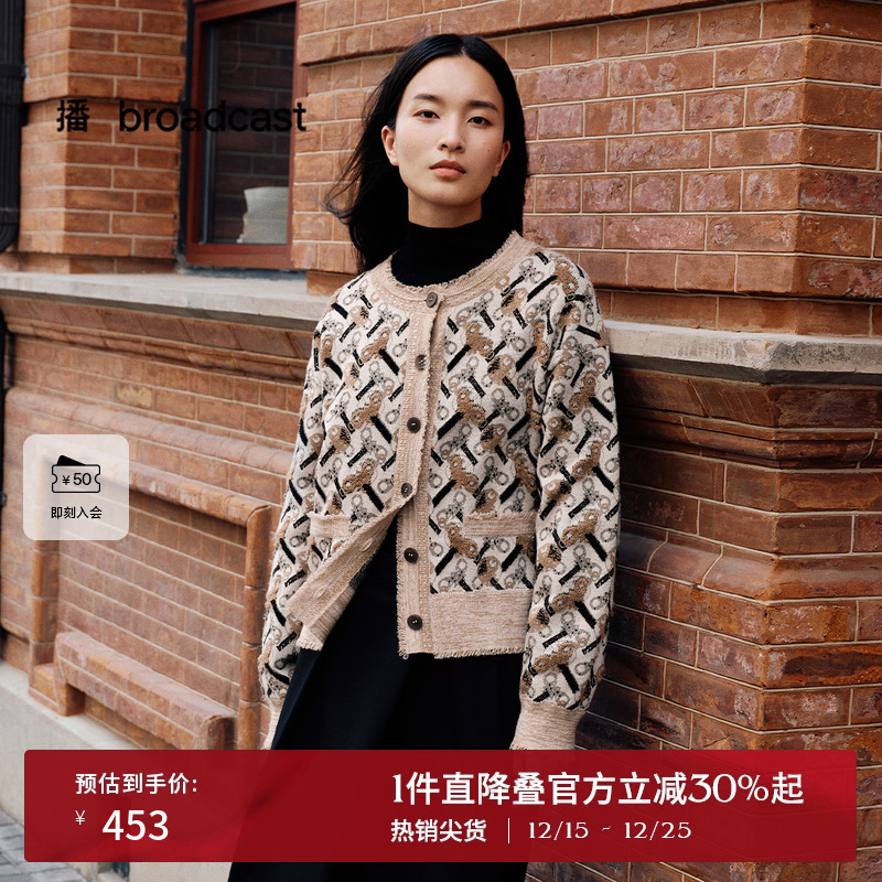 时尚毛圈针织小圆领，毛须边收紧袖口