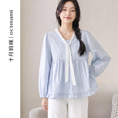 十月妈咪孕妇波点系带衬衣