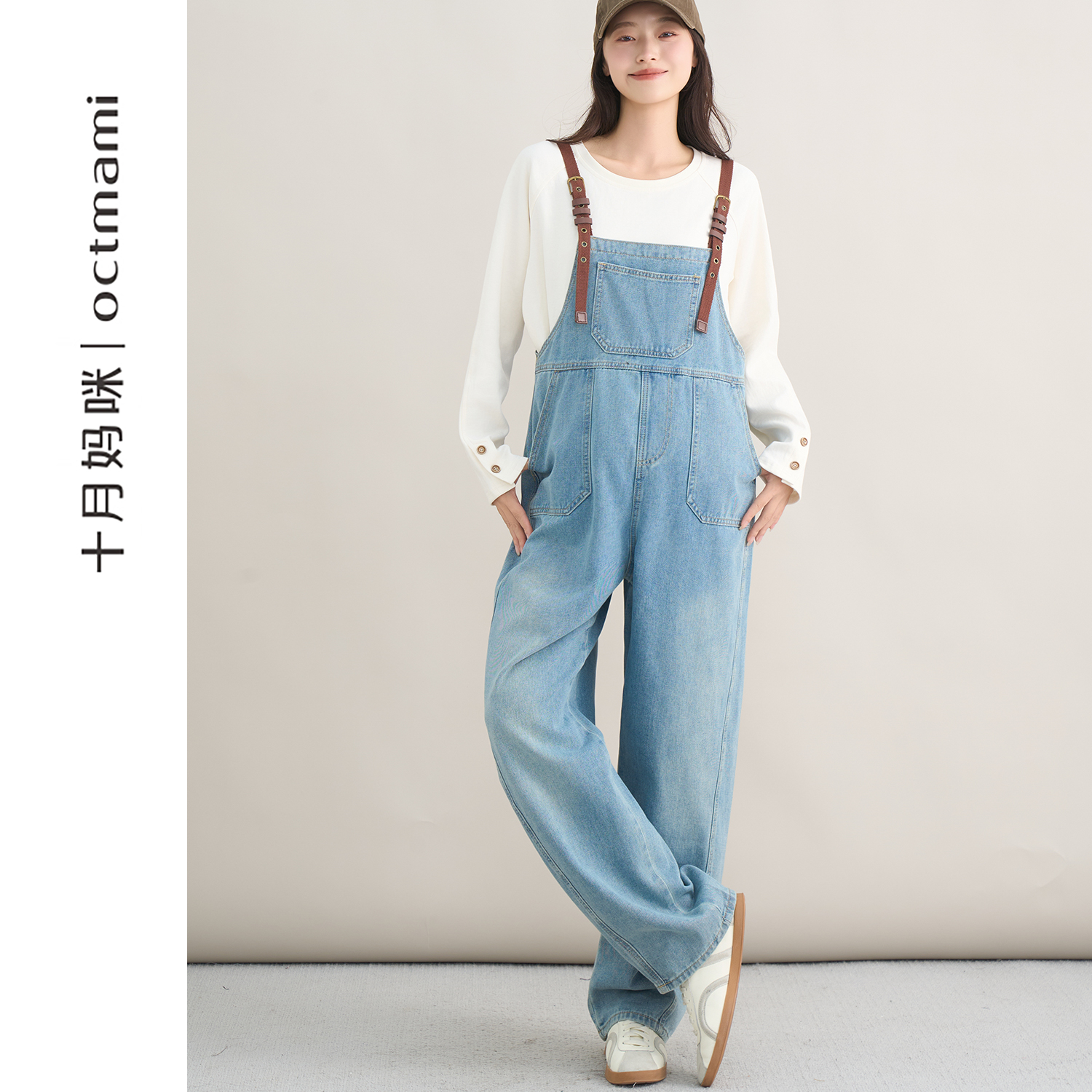 十月妈咪牛仔弯刀背带裤