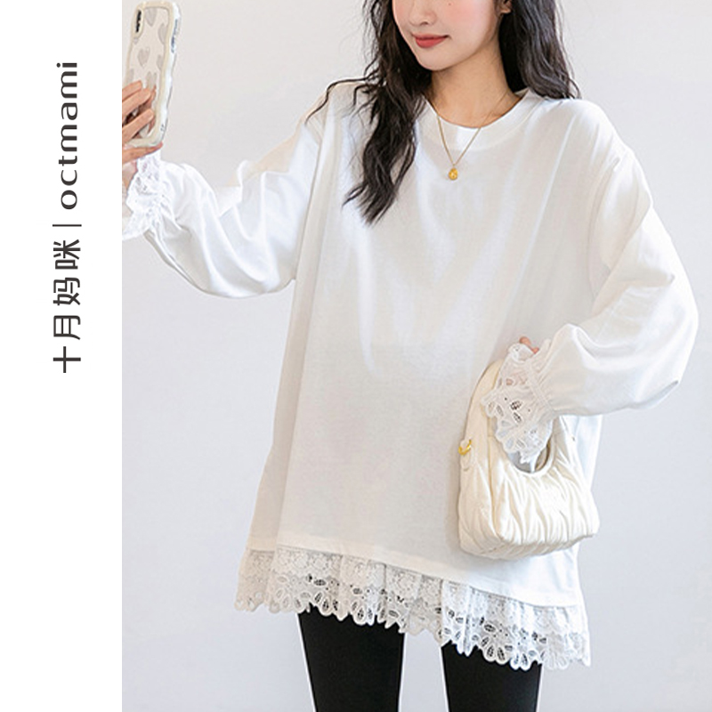 十月妈咪下摆袖口拼接蕾丝上衣