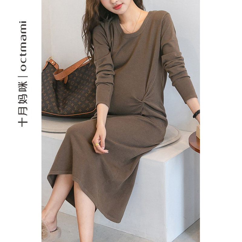 【新品】十月妈咪连衣裙怀孕产后休闲外穿侧边打结修身针织裙春装