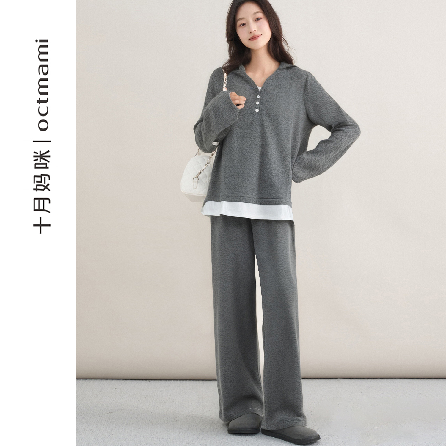 十月妈咪假两件连帽针织上衣套装