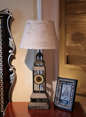 欧式铁艺复古卧室床头英国大笨钟台灯书房客厅样板房可调光遥控